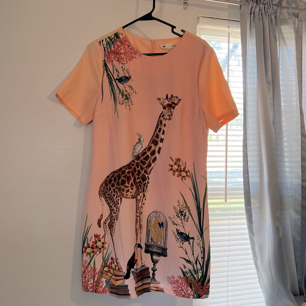 YUMI | Artsy pink dress w/giraffe,birds, books and plants, UK 14 US 10, Easter
